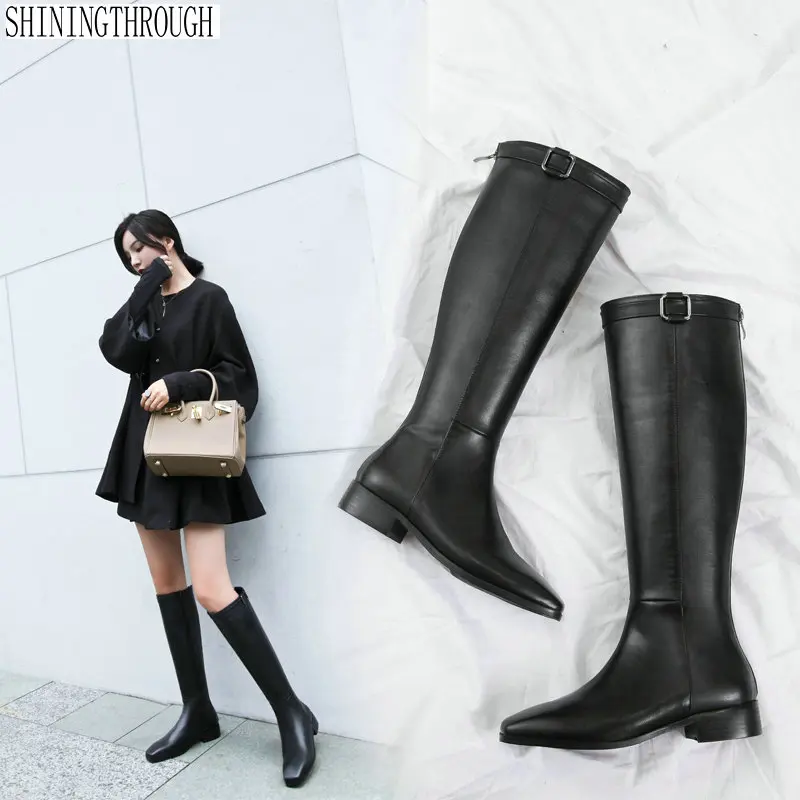 large size 34-43 low square heels genuine leather brand shoes women boots black square toe knee high boots