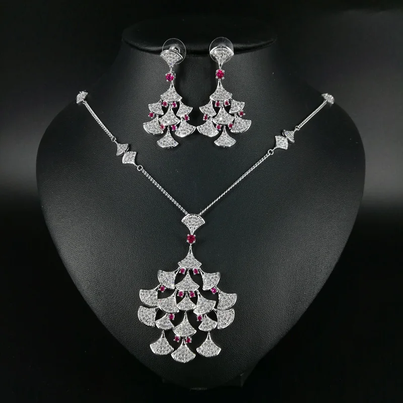 

2019 new fashion elegant red ginkgo leaf cubic zirconia necklace earring set,wedding bride dinner party formal jewelry set