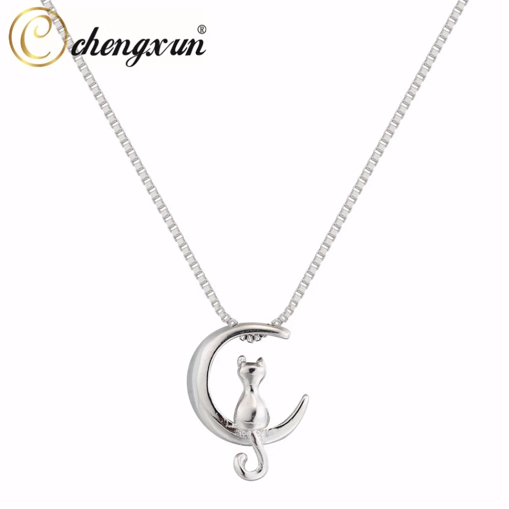 

CHENGXUN Cute Cat Moon Long Tail Pendant Necklace for Girls Women's Suspensions Jewelry Pendants