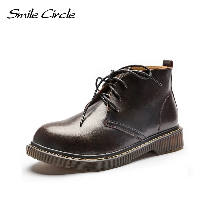 Smile Circle Ankle Boots Women Lace up Genuine Leather boots Winter Short Boots Oxfords Thick