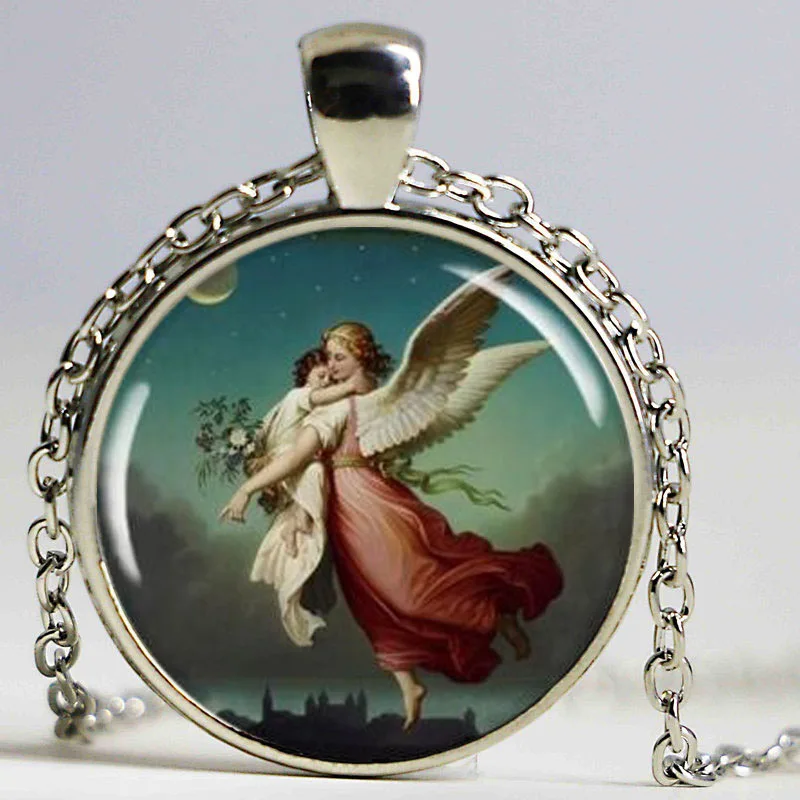 Guardian Angel Pendant, Wilhelm Von Kaulbach Art Charm, Resin Angel Necklace, Picture Jewelry, Round Silver, Spiritual Gift