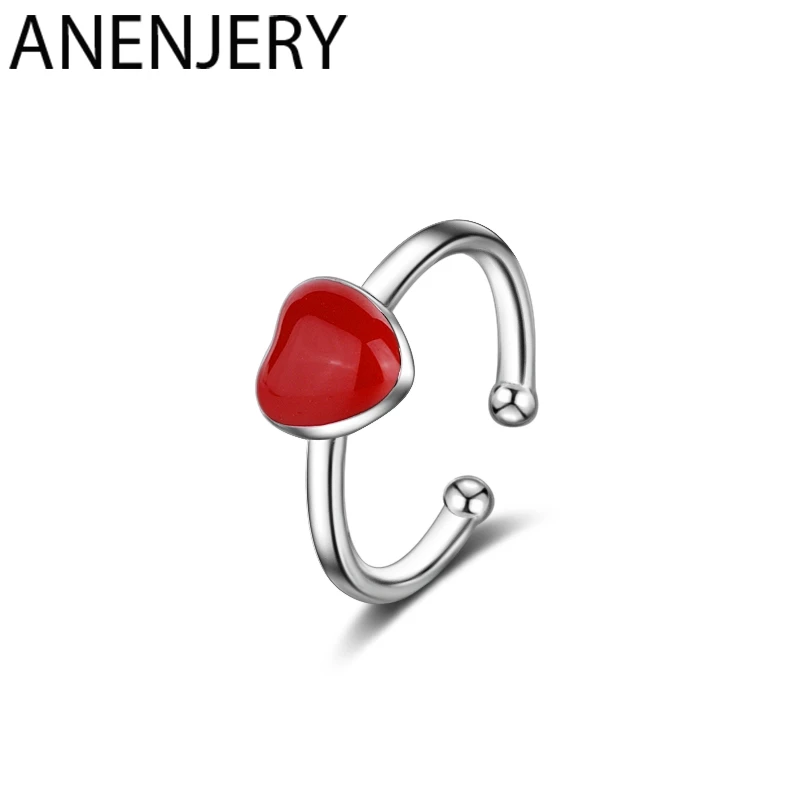 ANENJERY Simple Red Heart Ring For Women Girl Adjustable 925 Sterling Silver Rings S-R470