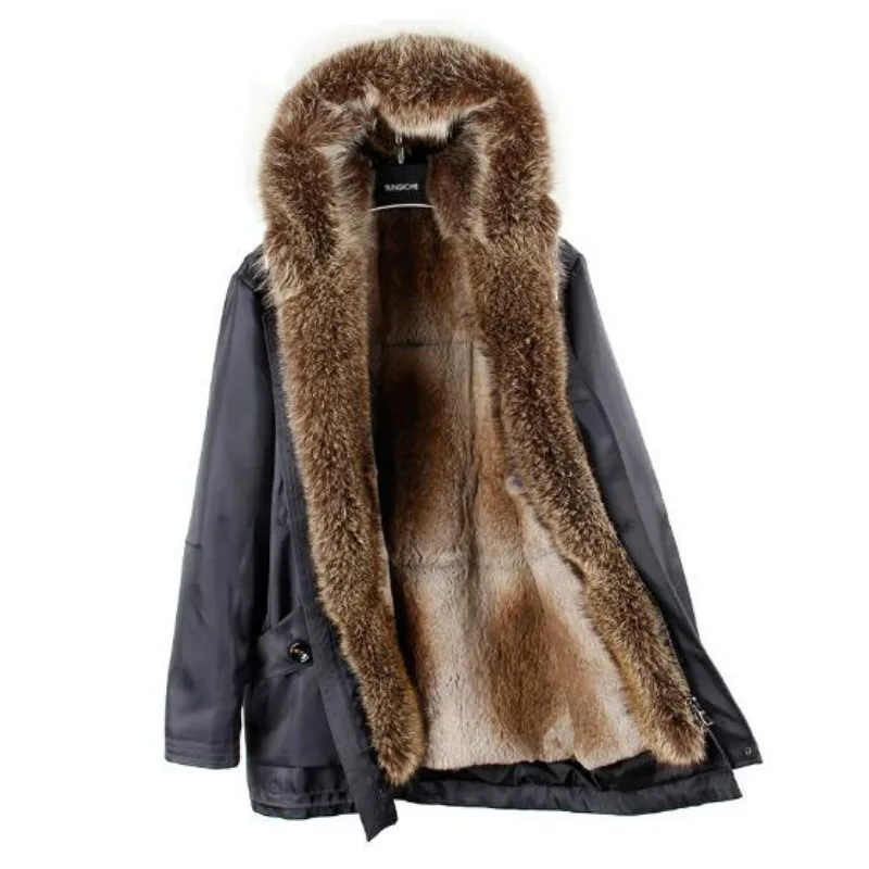 

2018 new fashion detachable rex rabbit fur liner to overcome in the long section hooded Nie overcoat jacket raccoon fur collar j