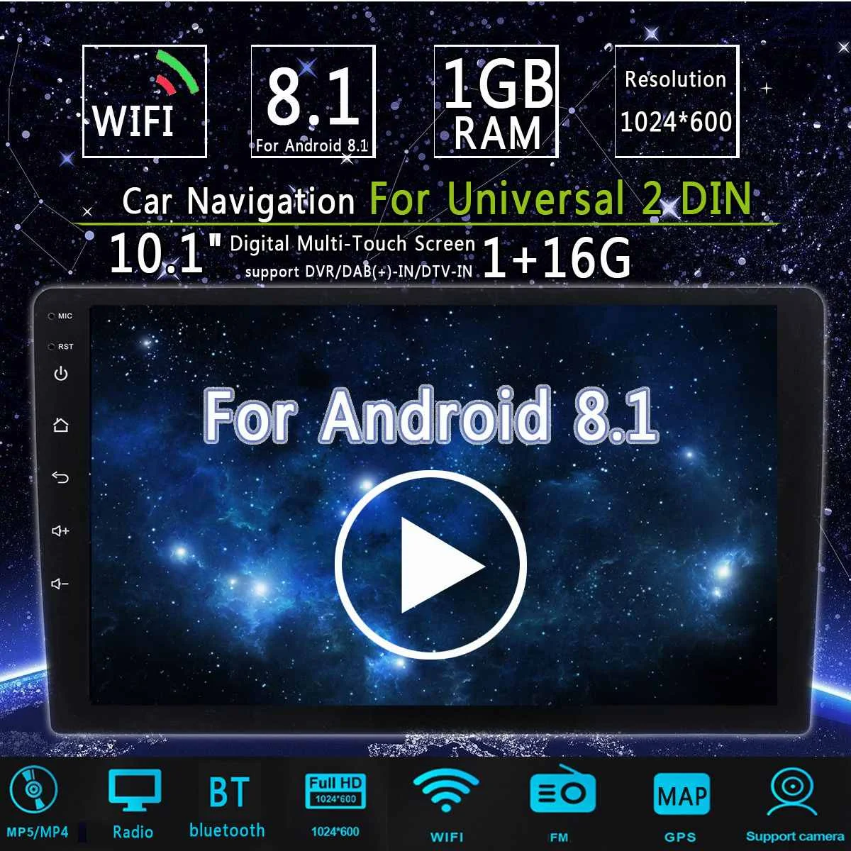 

2Din 10.1inch 1+16G IPS 2.5D Touch Screen Car Stereo Radio for Android 8.0 bluetooth MP5 Player GPS WIFI FM Car Multimedia Playe