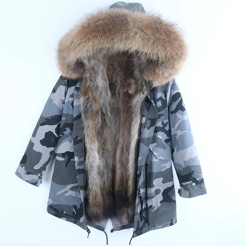 new long women winter jacket thick parkas raccoon natural real fur collar coat hooded real warm fox fur liner outwear - Цвет: gray camouflage