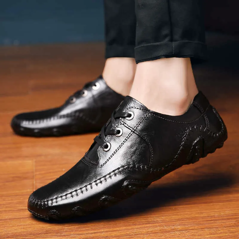 

Summer Men Casual Shoes High Quality Leather Mens Loafers Comfortable Lace Up Men Shoes Flat Driving Shoes Plus Size 45,46,47