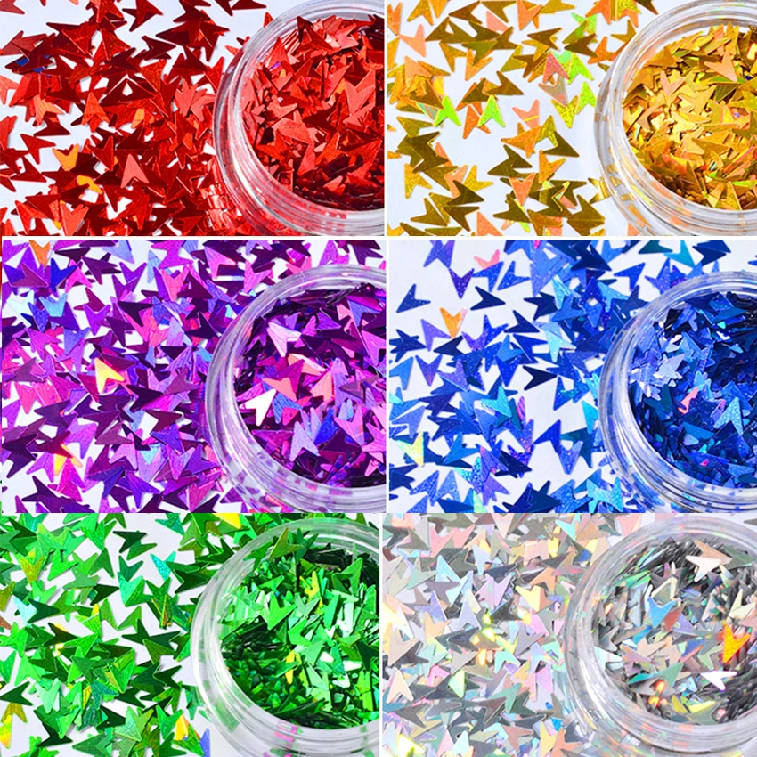

BORN QUEEN 6 Boxes Arrows Holographic Nail Sequins Holo Laser Silver Gold Glitter Nail Flakes 3D Manicure Nail Art Decorations