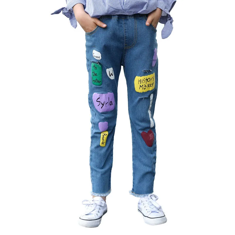 

2019 Fashion Autumn New Hole Printed Jeans Pants For Girls Elastic Waist Full Length Denim Straight Trousers Children Clothing