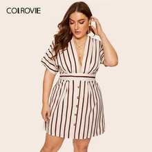 COLROVIE размера плюс, бежевое платье в полоску с глубоким v-образным вырезом для женщин, лето, бохо, короткий рукав, а-силуэт, для офиса, для девушек, приталенное и расклешенное платье