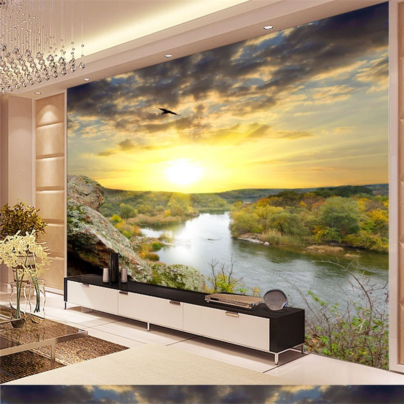 

beibehang Beautiful romantic pastoral scenery flowers sunrise mural large custom backdrop bedroom living room sofa