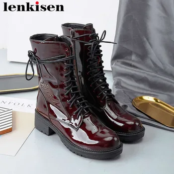

2019 rock handsome motorcycle boots cow patent leather low heels round toe metal zipper european designer mid-calf boots L80
