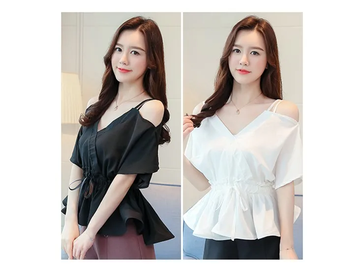 2018 Women Tops Summer Sexy Off Shoulder Blouse Ladies V-neck Short Sleeve Peplum Tops White Shirt Femme Chiffon Blusas Mujer  (1)
