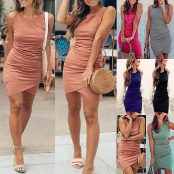 

Fashion Women Short Sleeve Bodycon Dress 2018 New Summer Casual Solid Sleeveless Pleated Party Evening Mini Short Dresses S-XL