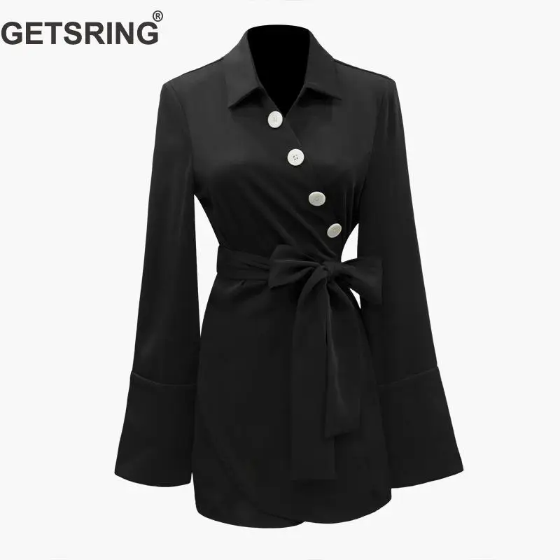 

GETSRING Women Dresses Long Sleeve Lace Up Mini Dress Bow Slanting Buttons Sexy Dress High Waist Slim Thin Black Dresses Autumn