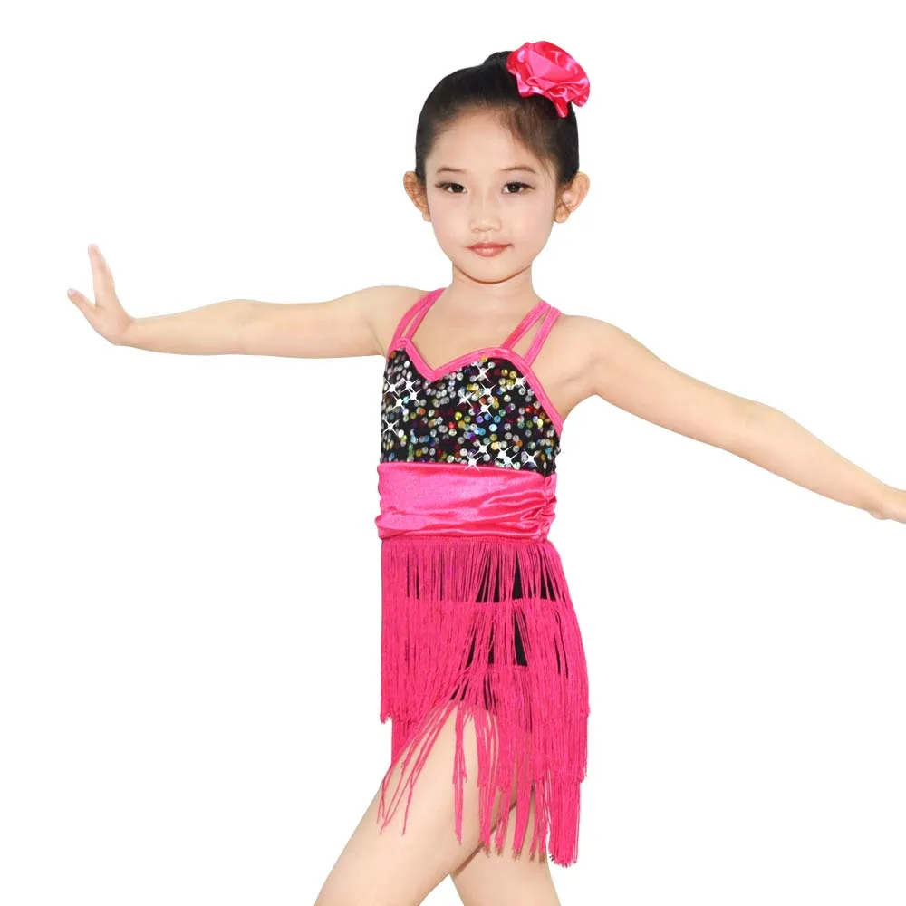 Girls Leotard Sequins Tassel Ballroom Dance Clothes Camisole Tango