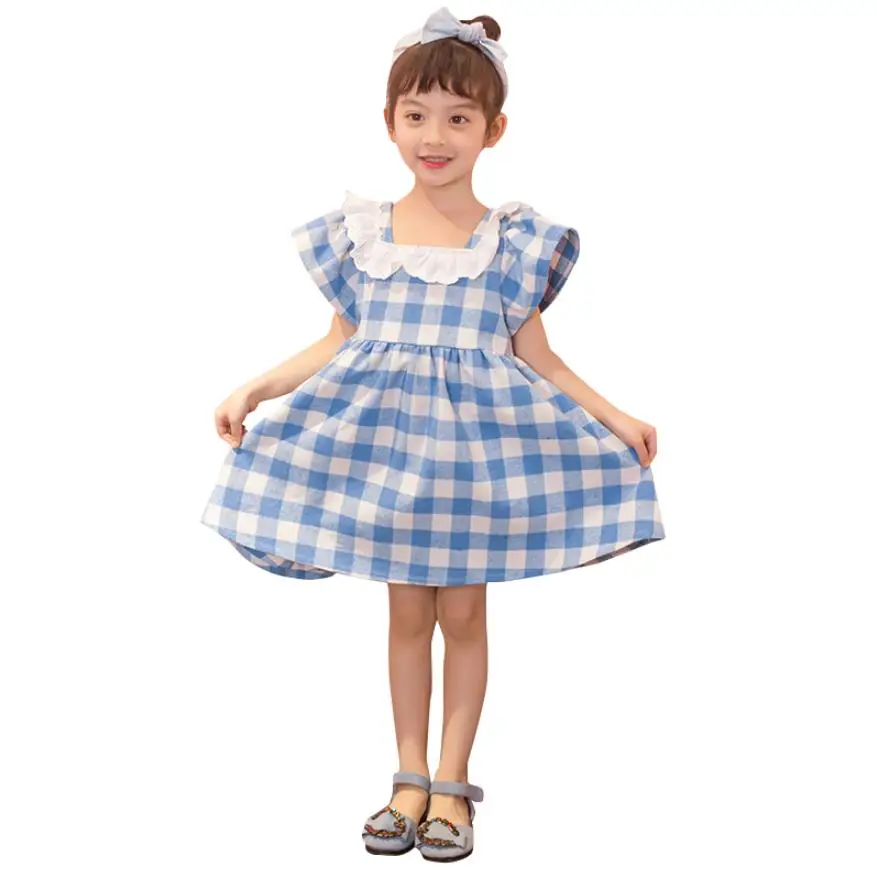 

Brand new lace patchwork Square Collar dress for baby girls princess plaid short sleeve Open back dress kids clothes ws495