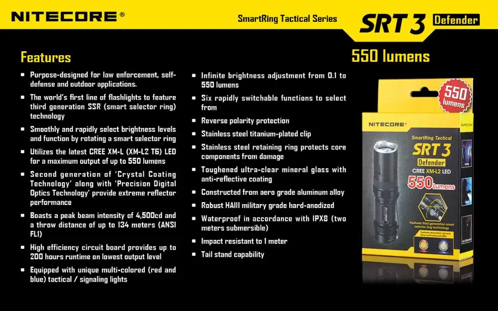 NITECORE SRT3 550 люмен CREE светодиодный тактический фонарик T6 алюминиевый сплав