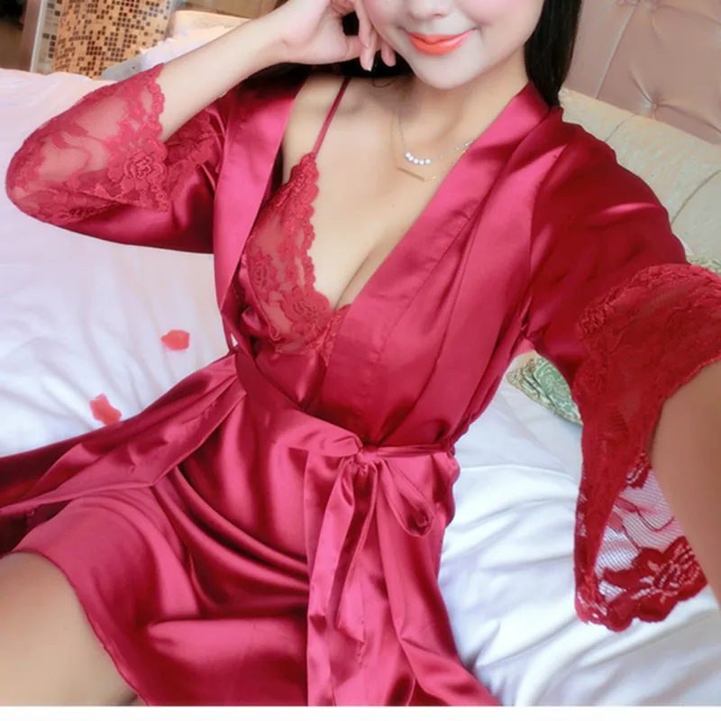 Женское сексуальное кружевное шелковое атласное кимоно, халат, ночная рубашка, наборы халатов с длинным рукавом, нижнее белье, пижамы, одежда для сна, женская ночная одежда - Цвет: wine red
