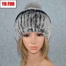 Зимняя русская натуральная шапка из меха кролика Рекс Женские эластичные теплые мягкие ручной работы вязанный натуральная шерсть шапки помпоны из лисьего меха шапочки шапки