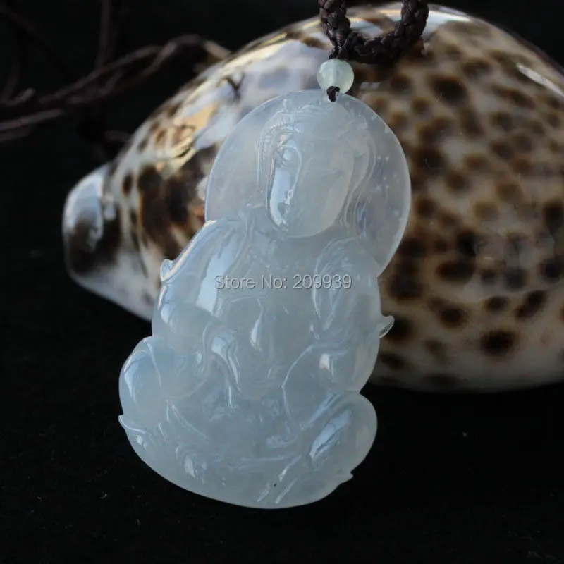 

huij 002598 CERT NATURAL A ICY WHITE Lavender JADEITE JADE CARVED BIG KWAN YIN PENDANT