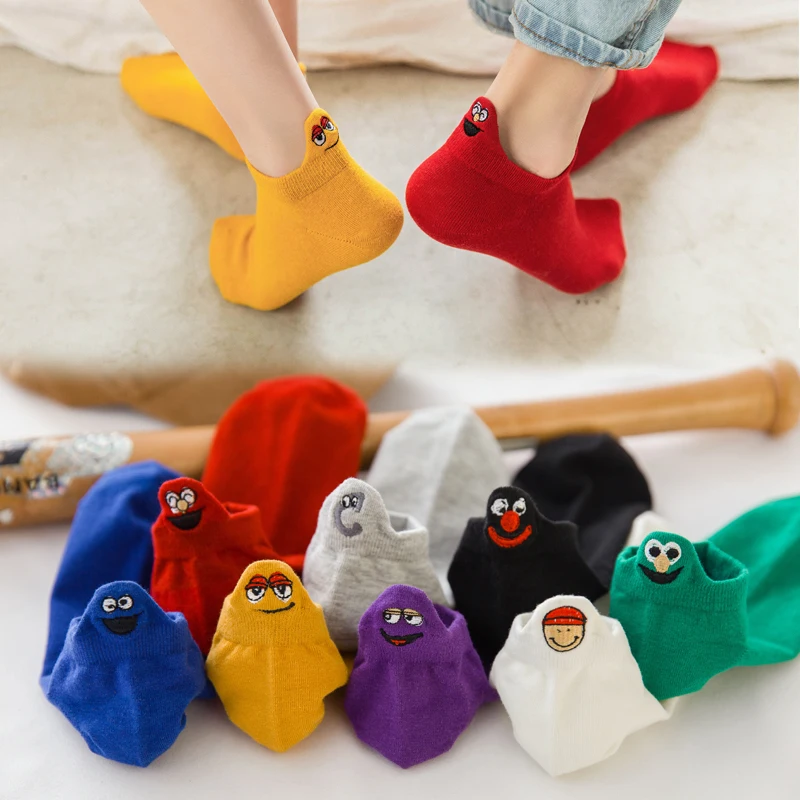 

Embroidered Expression Candy Color Woman Socks Happy Fashion Girls Ankle Funny Socks Women Cotton Summer