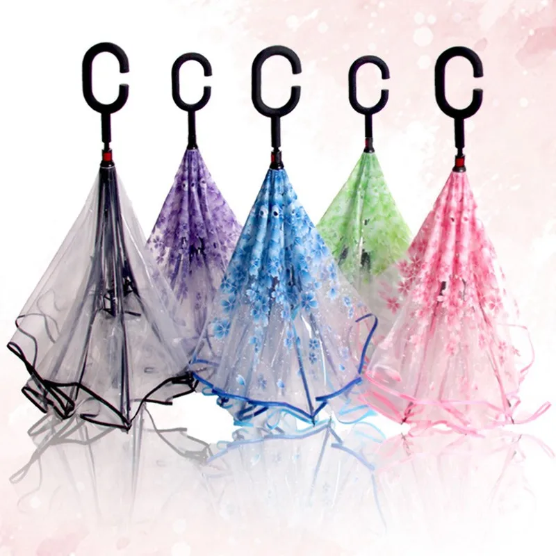 

New creative C-Hook handle Transparent reverse folding double layer windproof rainy umbrella gift