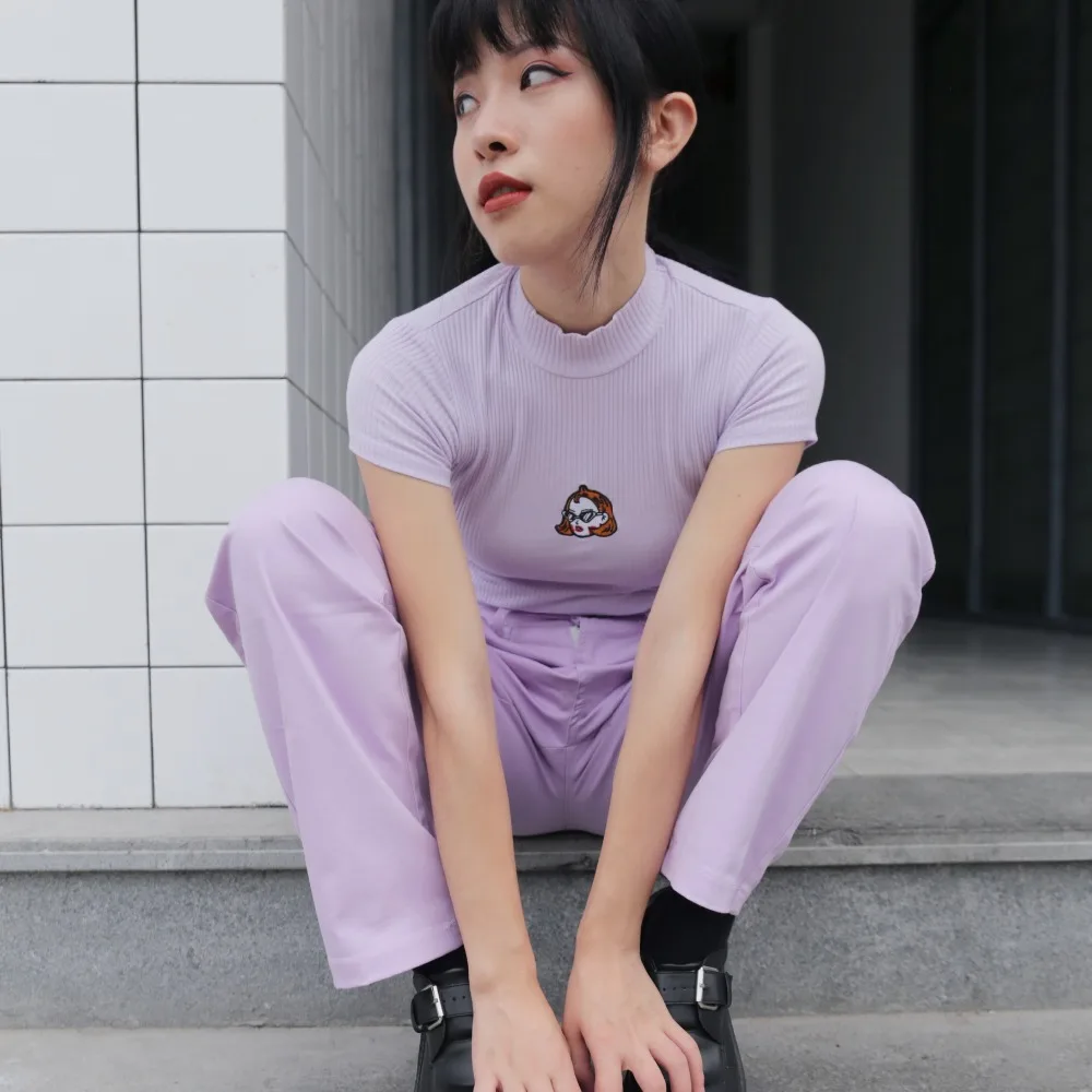 

2019 New Sexy Purple Embroidery Turtleneck Short Sleeve T-Shirt Women Casual Tees Knitted Crop Top Femme Vintage Cropped T Shirt