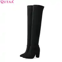 QUTAA 2018 Spring/Autumn Women Over The Knee High Boots Fashion Women Shoes Square High Heel Pointed Toe Ladies Boots Size 34-43