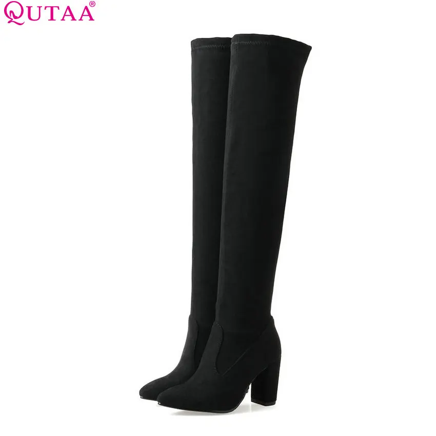 Skup QUTAA 2018 wiosna jesień kobiety Over The buty do kolan moda kobiety buty plac szpilki Pointed Toe panie rozmiar butów 34 43