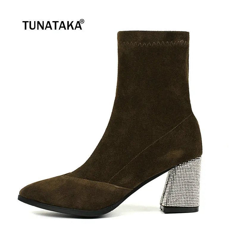 

Women Suede Slip On Thick High Heel Ankle Boots Fashion Crystal Pointed Toe Fall Winter Bootie Black Green 2018 Shoes