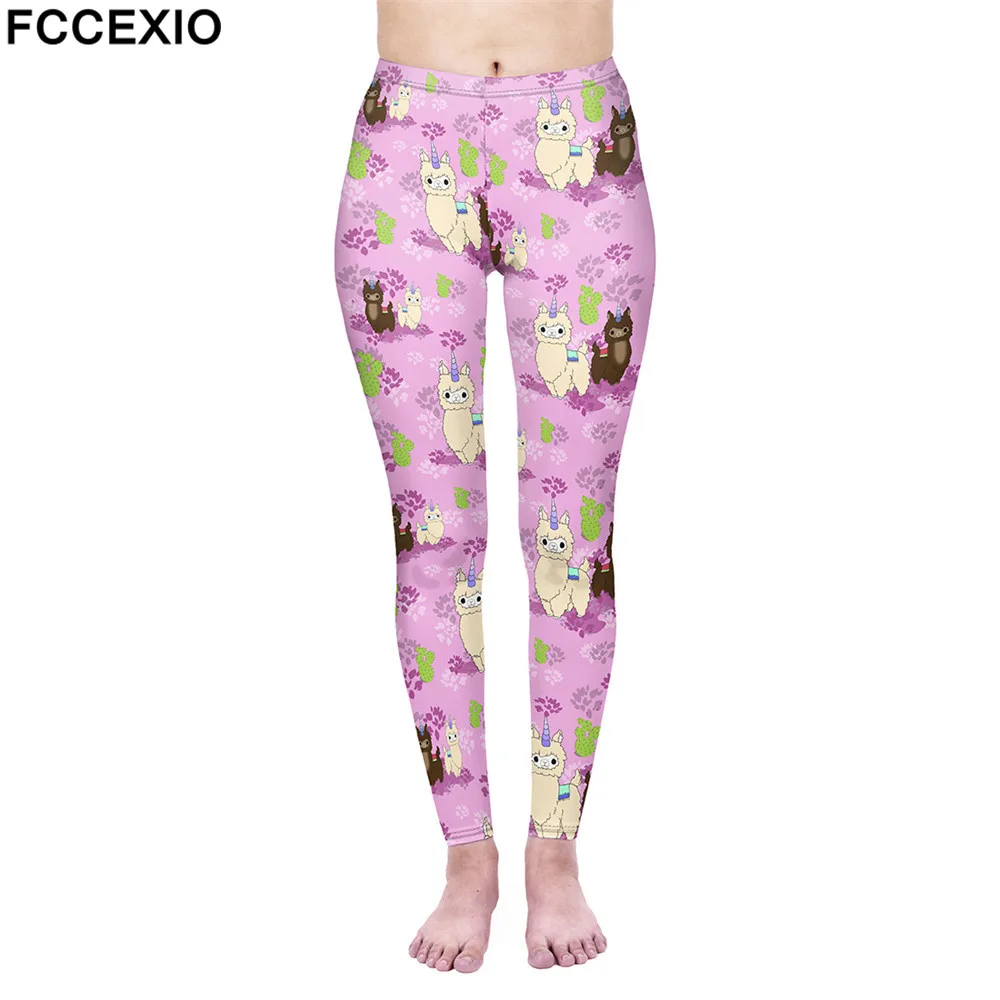 

FCCEXIO New Unique Design Women Slim Leggings Pink alpaca Print Legging Black Fitness Leggings Workout Pants Fashion Trousers