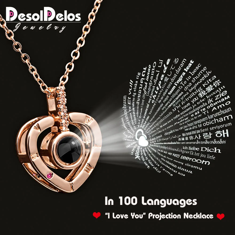 

Rose Gold 100 Languages I Love You Projection Pendant Necklace for women Jewelry Love Memory Wedding Necklace Valentine's Day