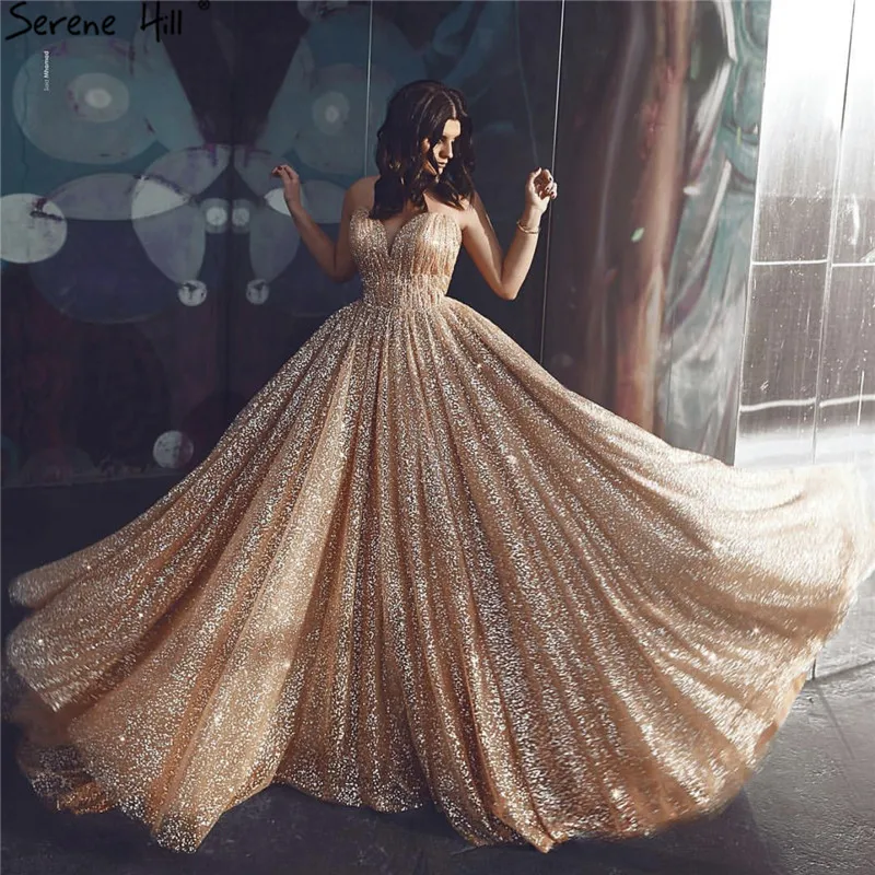 

Dubai Gold Backless Glitter Sexy Evening Dresses 2019 Luxury Sleeveless Beach Evening Gowns Serene Hill LA60854