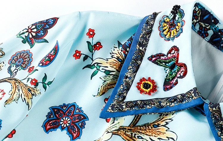 AELESEEN роскошное Новое синее платье Подиум Лето Бабочка мода бисером павлин, цветок печатных платье Vitnage платье для женщин