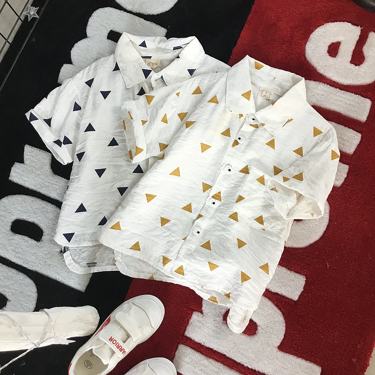 

Summer Boy's Fashion Loose Turn Down Collar Short Sleeve Geometric Blouses Tees Kids Baby Cotton Line Shirts Children Wholesale