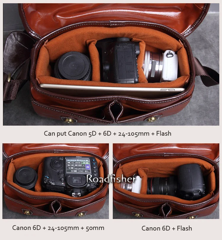 Roadfisher из искусственной кожи винтажная сумка через плечо для камеры дорожная сумка Вставка подходит для Canon Nikon D7200 D3400 D810 Pentax sony DSLR SLR