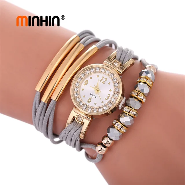 MINHIN New Fashion Leather Bracelet Watches for Women African Beads Charms Gold MINHIN New Fashion Leather Bracelet Watches for Women African Beads Charms Gold