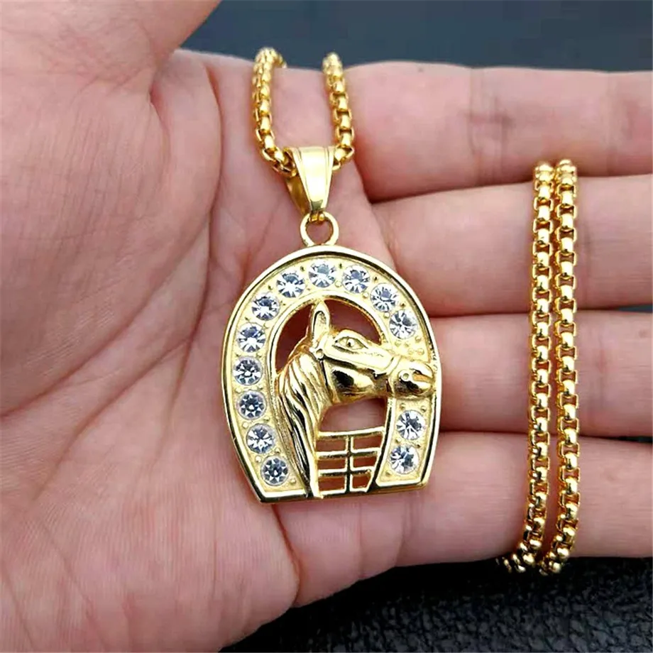Hip Hop Iced Out Bling Horseshoe With Horse Head Pendant Necklace For
