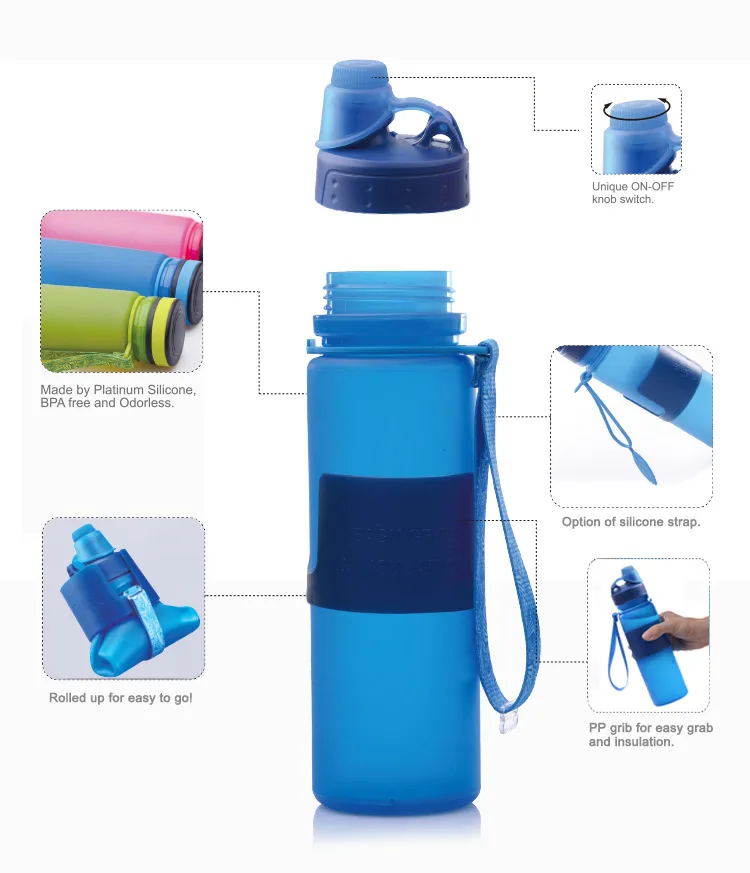 Складная спортивная и уличная бутылка для воды складная силиконовая Bottles-350ML для воды, BPA бесплатно, одобрено FDA рулон, герметичность