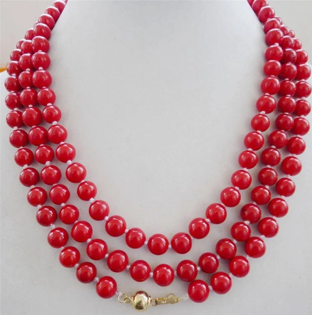

FREE SHIPPINGnatural 8mm red coral necklace 52" 14KGP Gold Clasp BV356