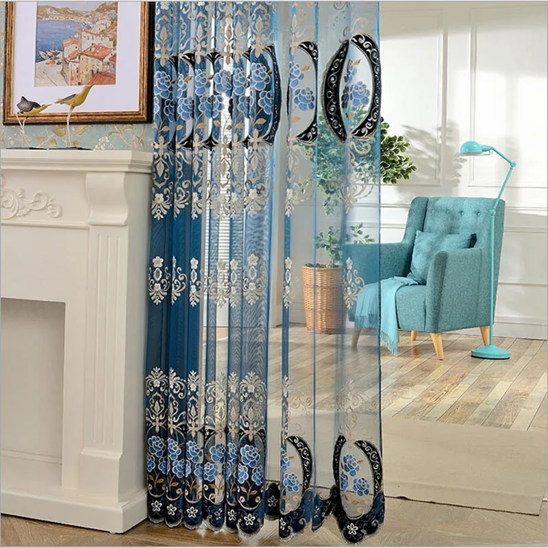 embroidered flower curtain blue embroidery linen curtain transparent blue tulle for living room