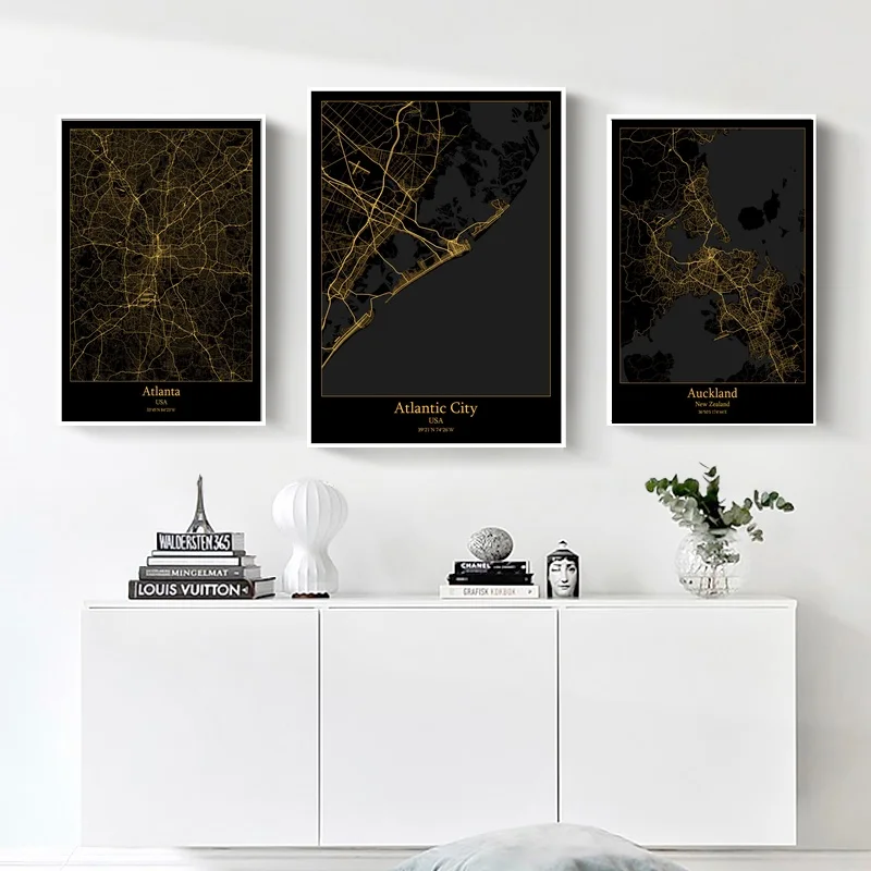 

Atlanta USA,Atlantic City USA,Auckland New Zealand,Modern City Gold Map Canvas Art Print Home Room Decor Poster