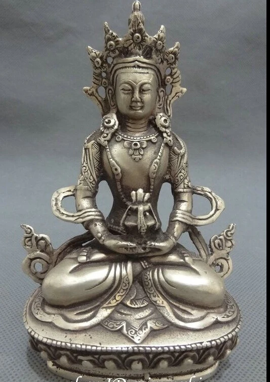 

$old craft$ 6" Tibet Silver Buddhism Amitayus Longevity God Goddess Buddha GuanYin Statue (A0314)