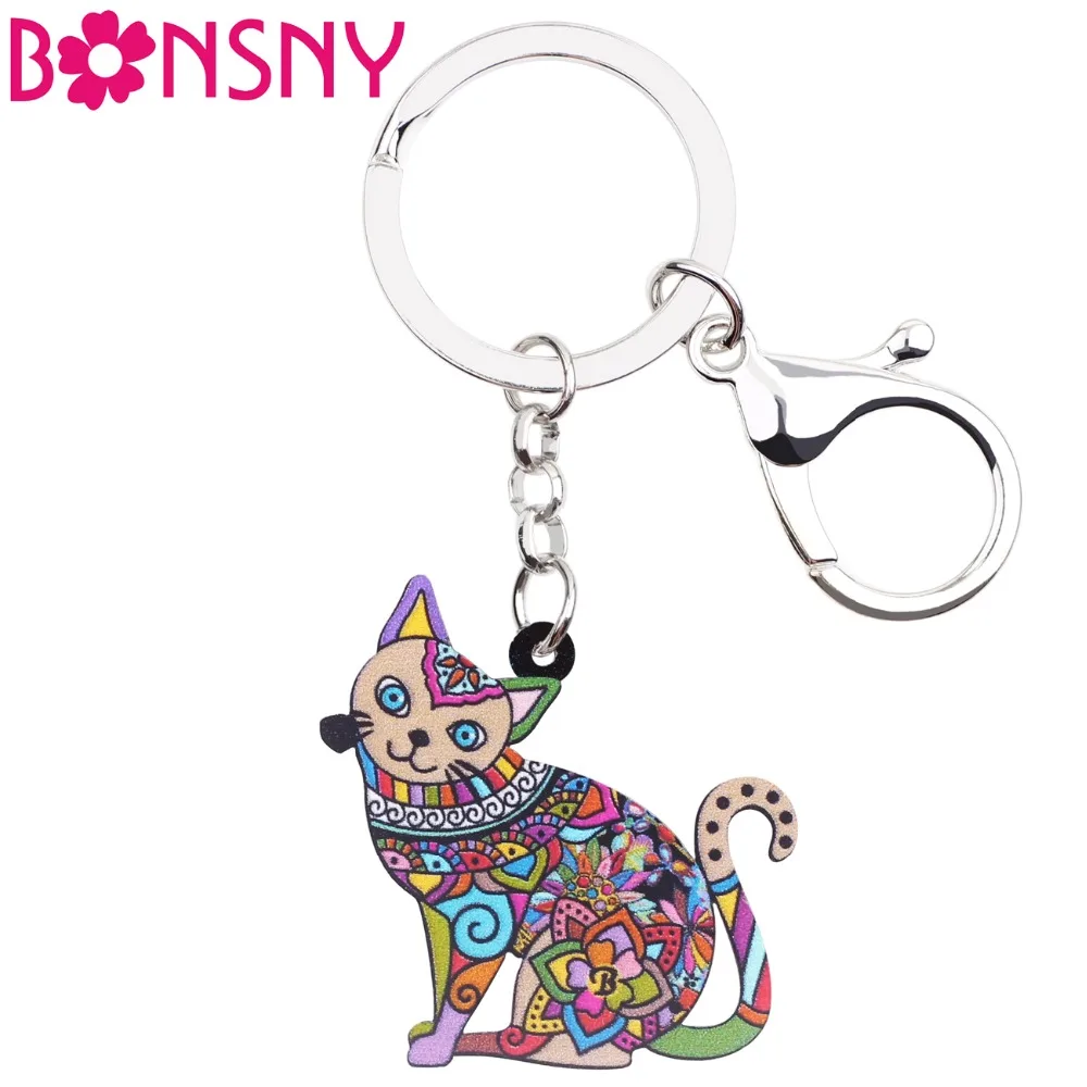 

Bonsny Acrylic Elegant Floral Kitten Cat Key Chains Keychain Ring Women Girl Handbag Car Charms Fashion Animal Jewelry Wholesale