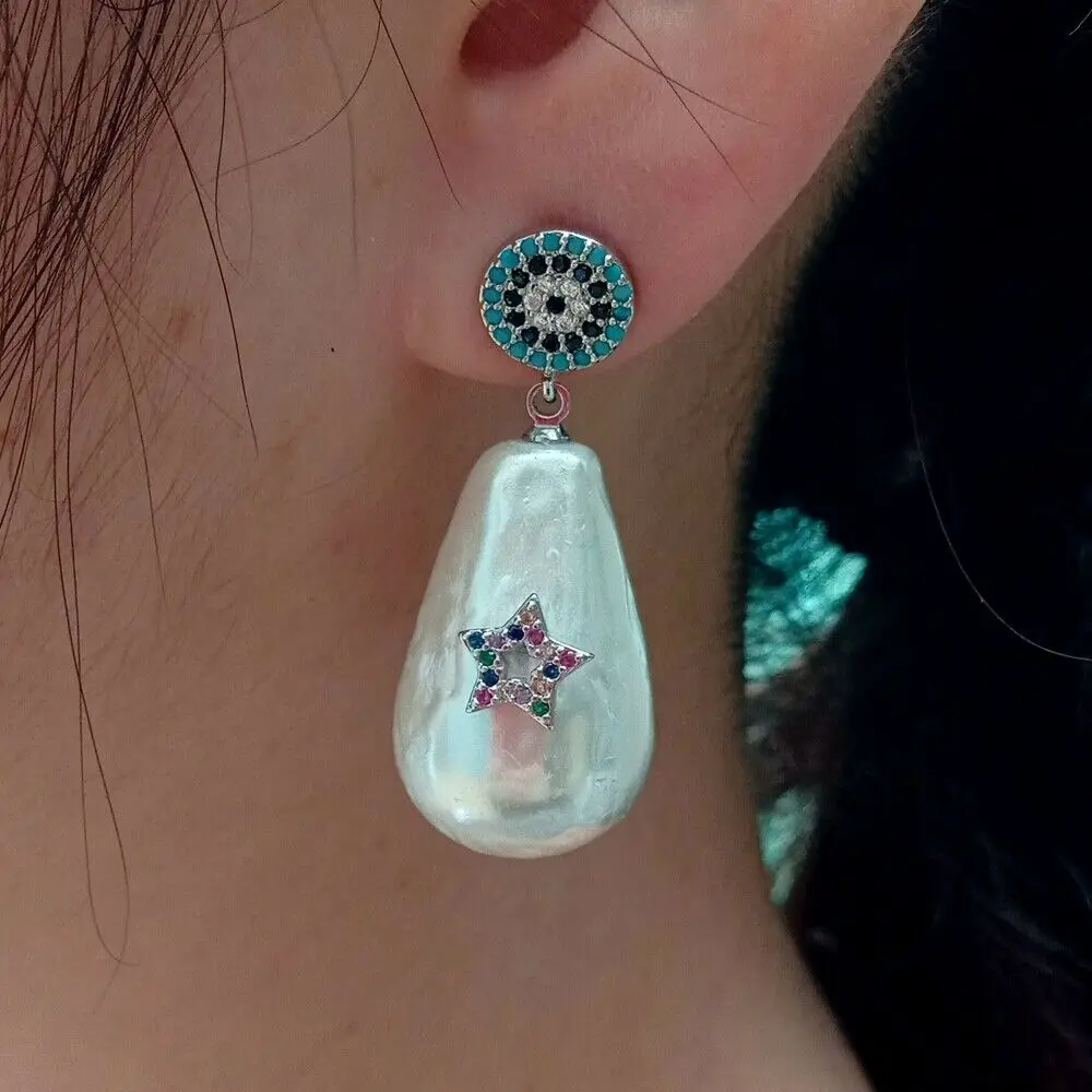 

White teardrop Sea Shell Pearl Cz pave Star Earrings