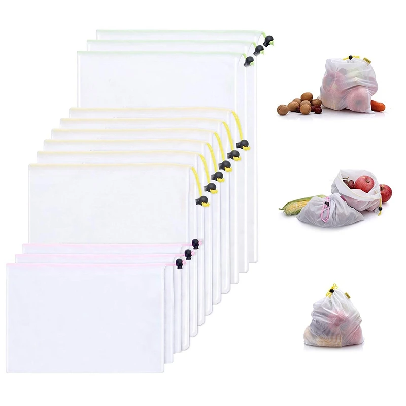 

Reusable Mesh Produce Premium Lightweight Washable Durable Bags With Tare Weight On Tags Set Of 12 With 3 Different Sizes, Med