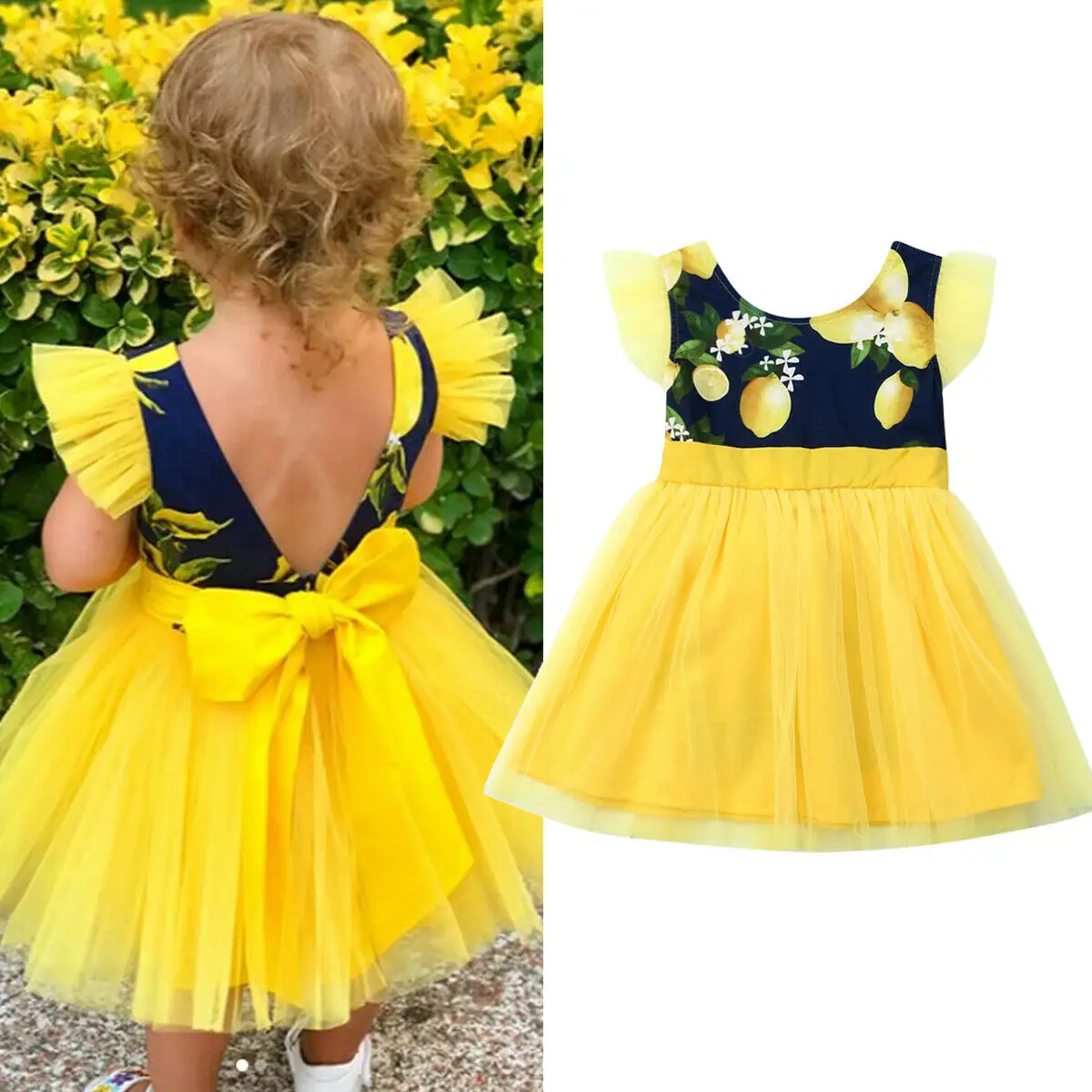 

Pudcoco 2019 Summer Yellow Newborn Infant Baby Girls Lemon Floral Princess Party Pageant Dress Patchwork Sundress