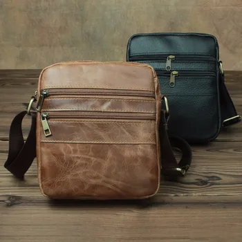 

Fashion men genuine leather crossbody bag double zipper shoulder bag male casual style tablet phone bag