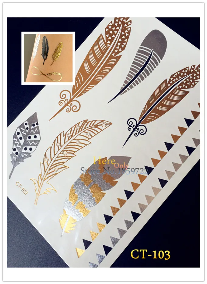 

1PC Trendy Metallic Gold Tattoos Indian Feather HCT103 Summer Style Flesh Sliver Feather Tatoo Temporary Tattoo Arm Hand Sticker