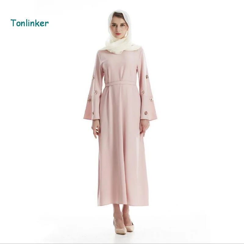 

Tonlinker 2018new Women Muslim Dresses Maxi Dubai Abaya Jalabiya Islamic Spring Women pink floral Dress Malaysia India Clothing